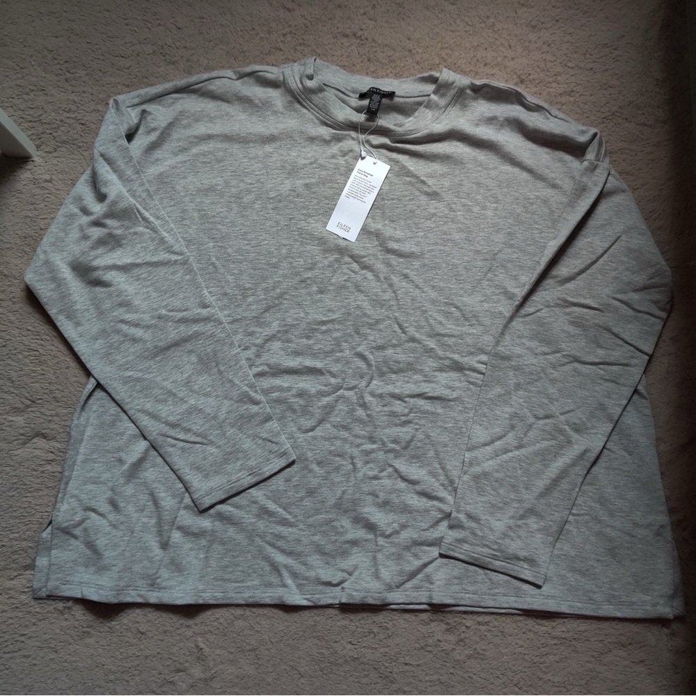 Eileen Fisher Women's Cozy Brushed Terry Hug Box Top Light Gray Long Sleeve Crew
